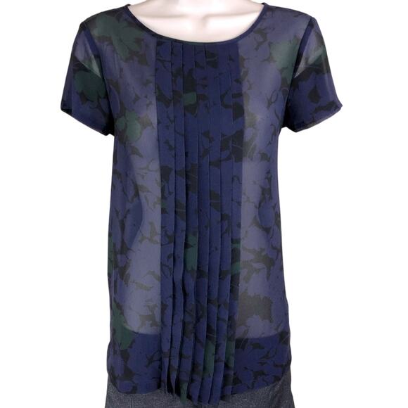 Ann Taylor Loft Purple Black Green Floral Short Sleeve Top Feminine Ruffle Front - Picture 3 of 16